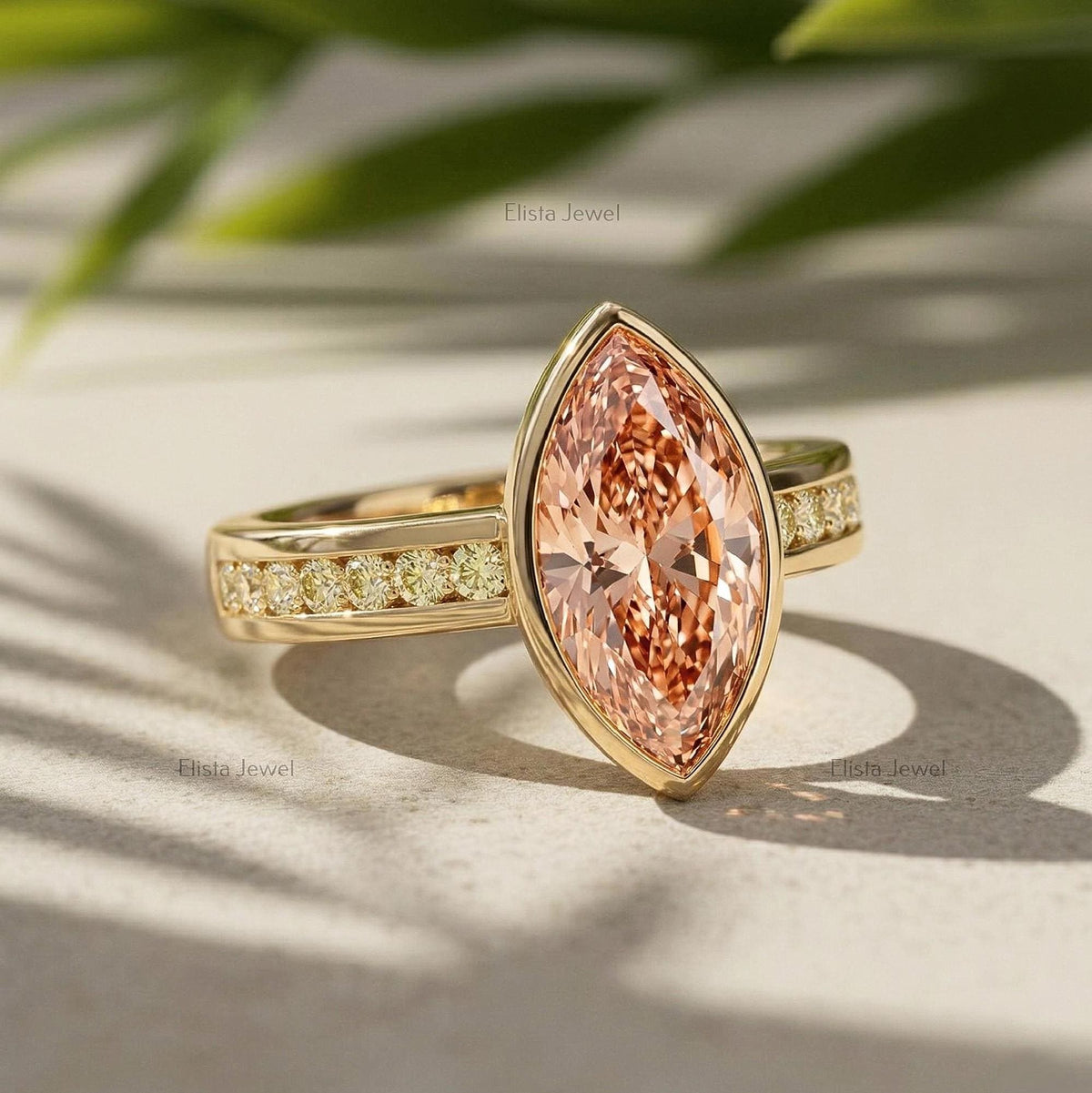 IGI Certified Pink Marquise Lab Diamond Engagement Ring, 18K Yellow Gold Channel Set