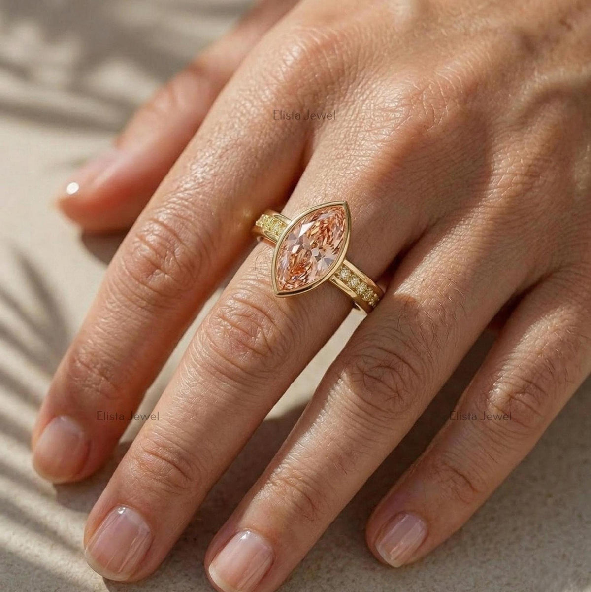 IGI Certified Pink Marquise Lab Diamond Engagement Ring, 18K Yellow Gold Channel Set