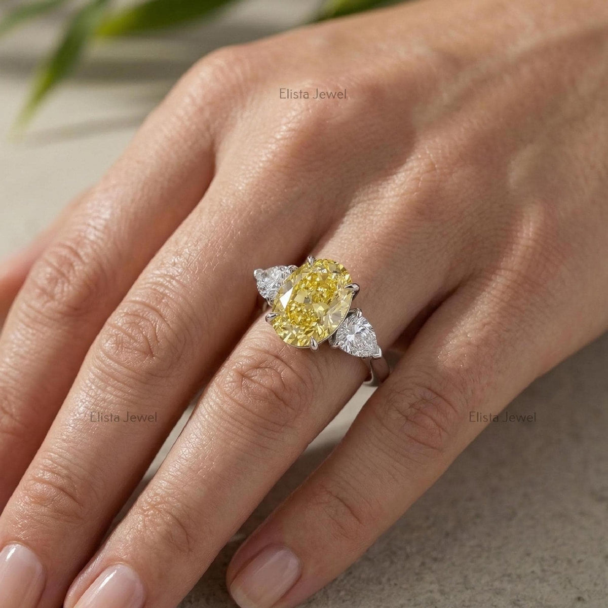 Oval Lab Grown Yellow Diamond Three Stone Engagement Ring, 950 Platinum, IGI Certified