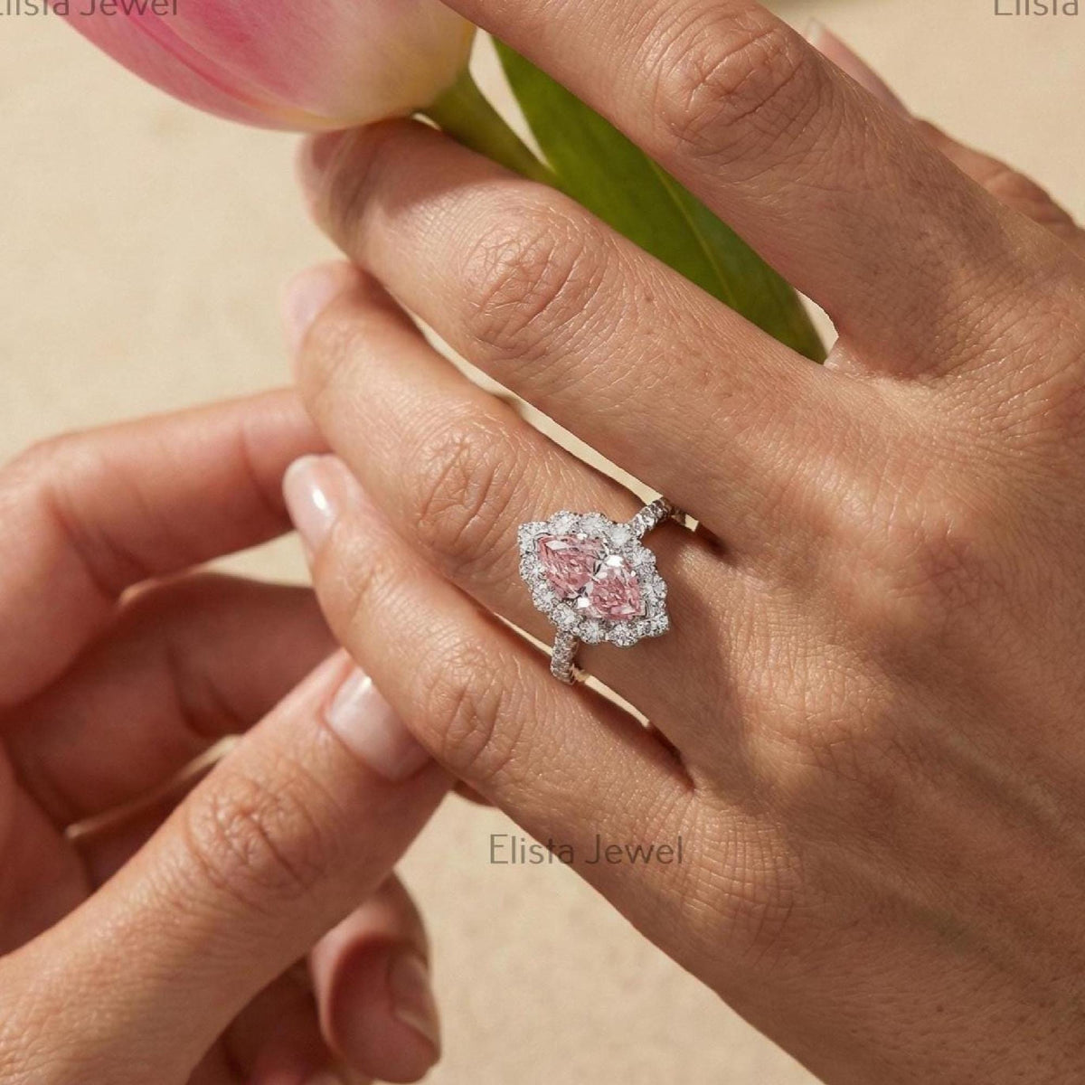 Marquise Pink Lab Diamond Halo Engagement Ring, 14K White Gold Pavé Band Certified