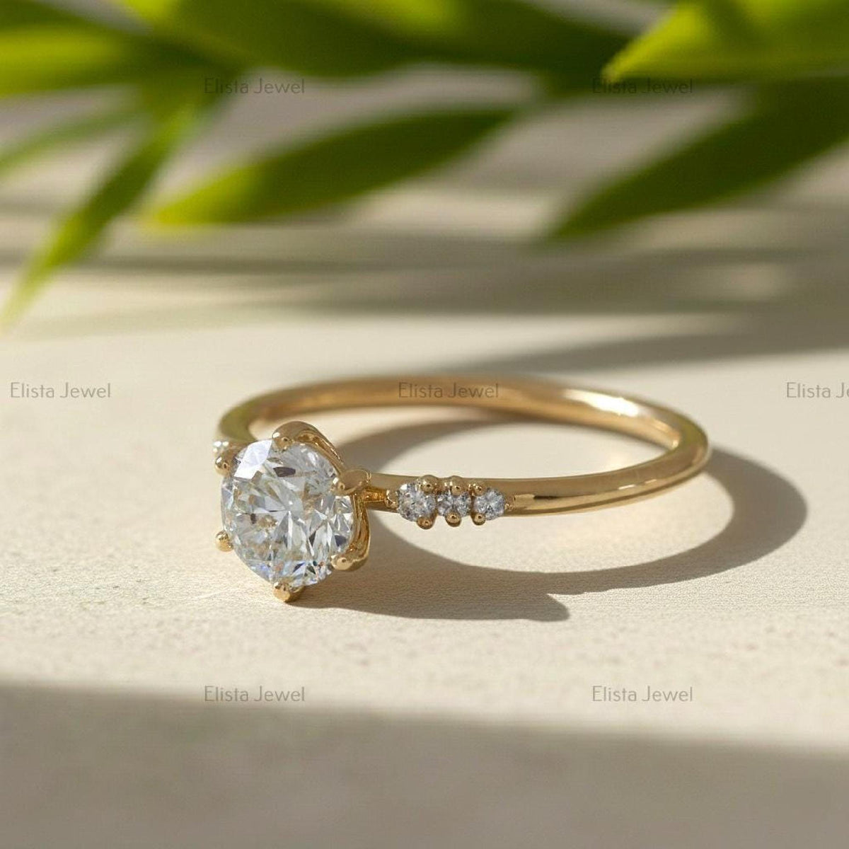 Round Diamond Ring Lab Grown Engagement 14K Yellow Gold Dainty Side Stone Band