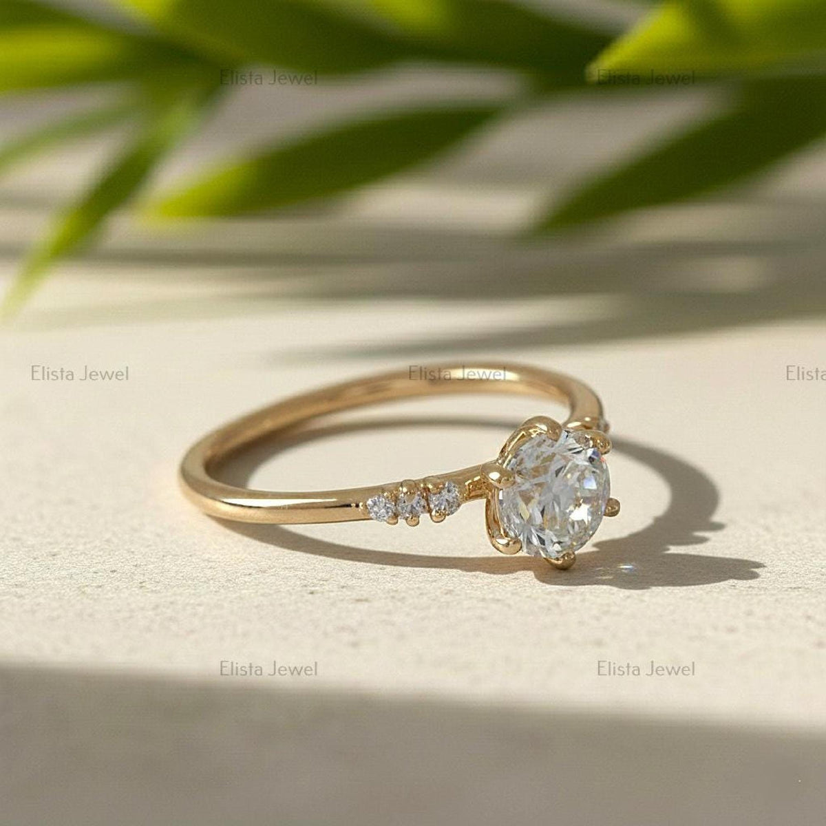Round Diamond Ring Lab Grown Engagement 14K Yellow Gold Dainty Side Stone Band