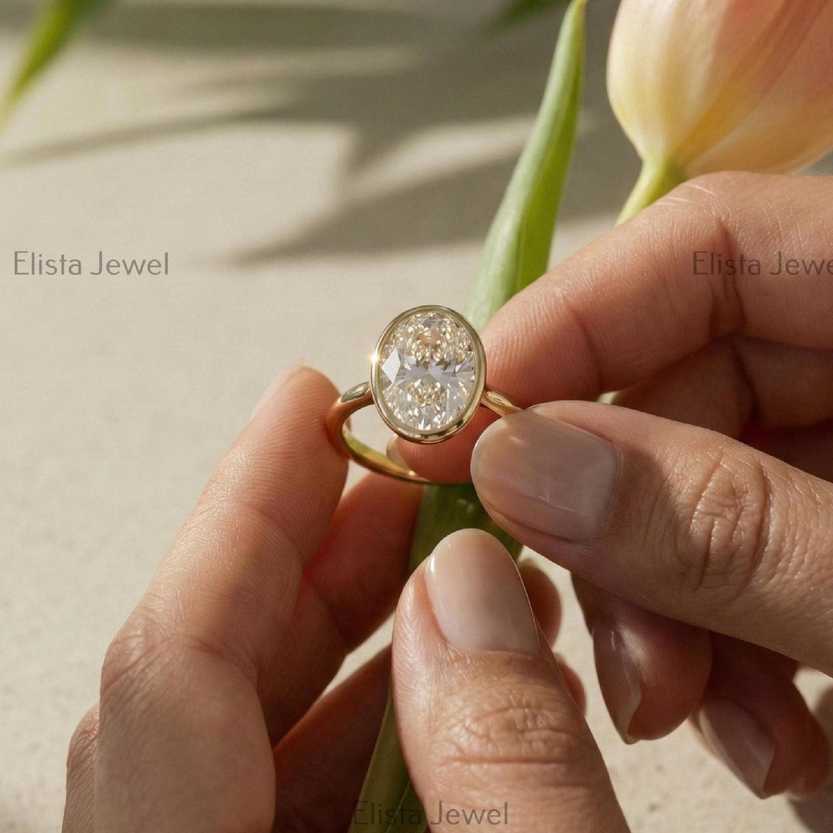 Oval Lab-Grown Diamond Solitaire Ring, 14K Yellow Gold Bezel