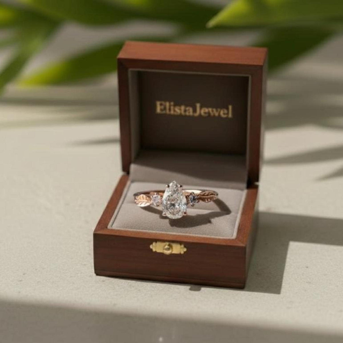 Pear Engagement Ring, Lab-Grown Diamond Rose Gold Leaf Three Stone