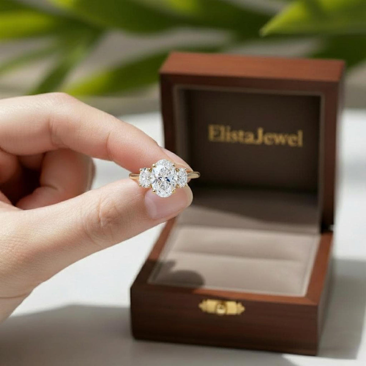 Oval Lab-Grown Diamond Three-Stone Engagement Ring, 14K Yellow Gold Trilogy Wedding Band