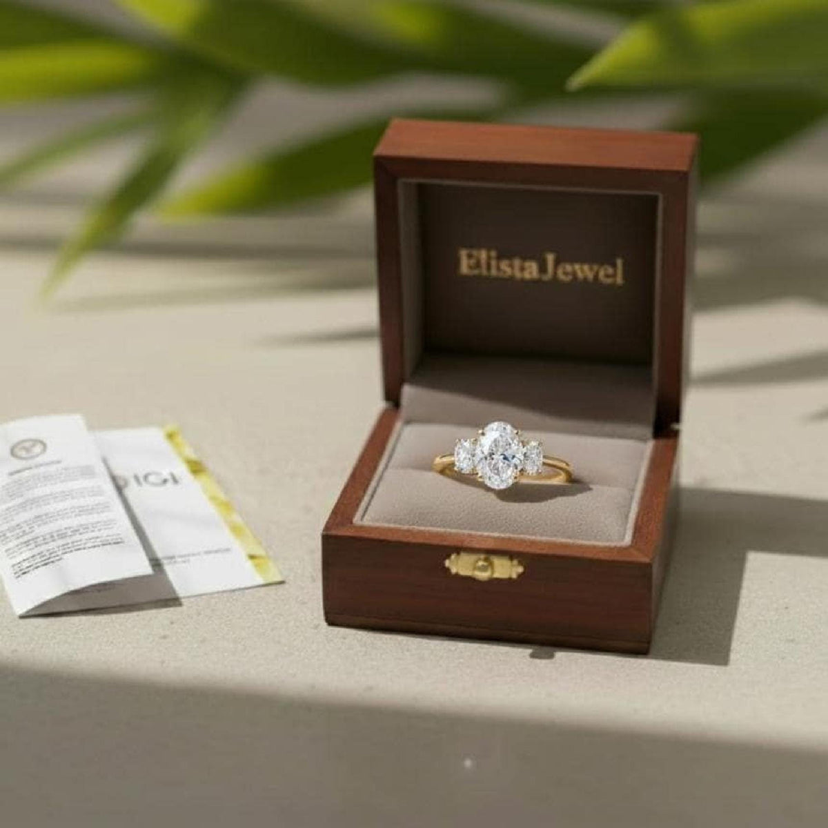 Oval Lab-Grown Diamond Three-Stone Engagement Ring, 14K Yellow Gold Trilogy Wedding Band