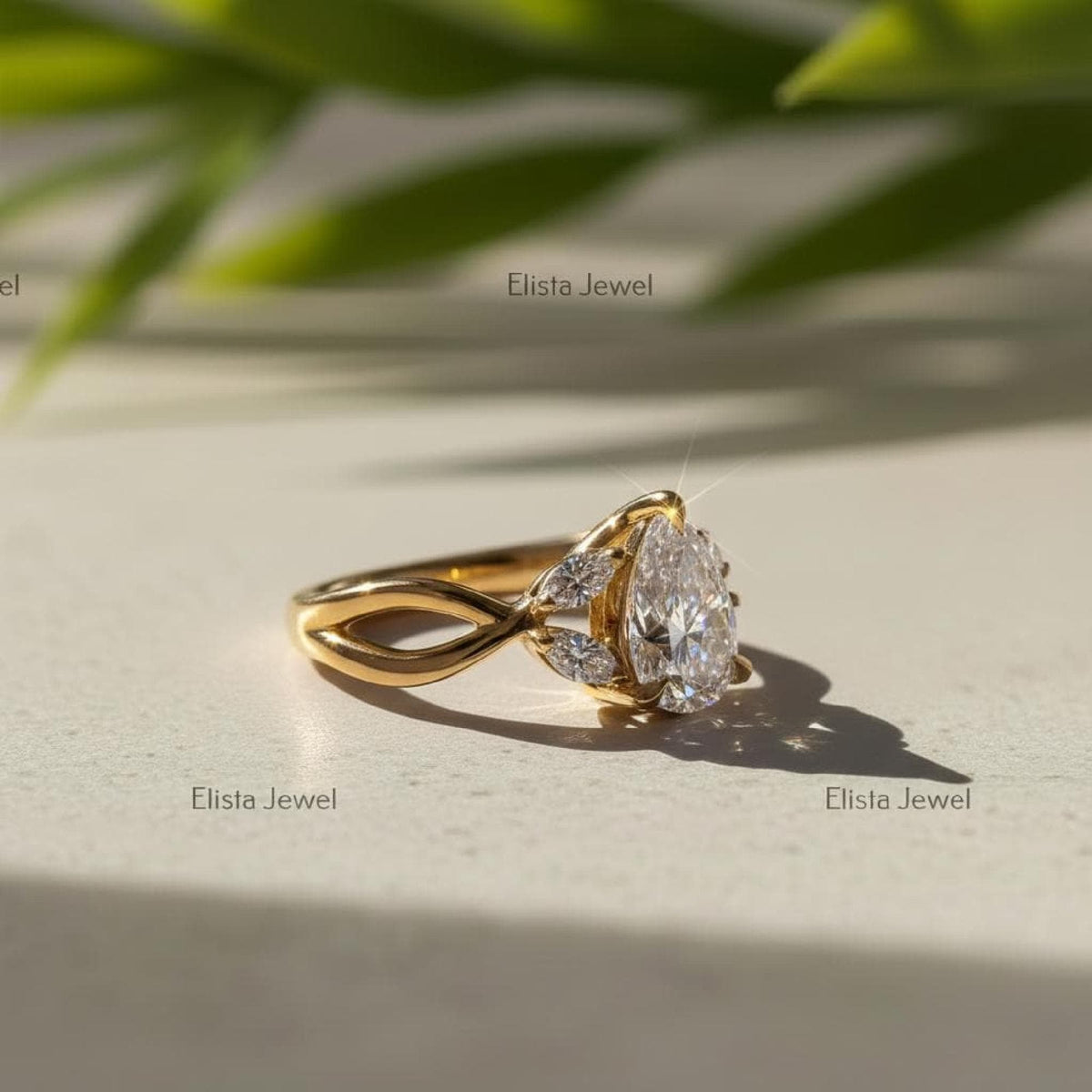 Pear Lab-grown Diamond Engagement Ring Yellow Gold Split Shank Vine Marquise Side Stones