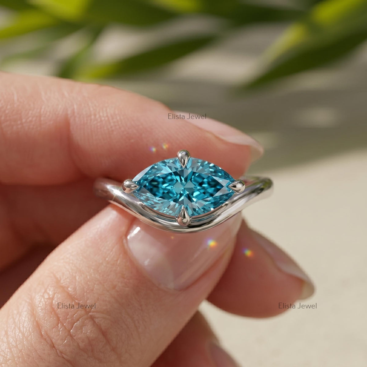 Fancy Vivid Blue Marquise Lab Grown Diamond Bypass Solitaire Ring in 14K White Gold, Modern Minimalist