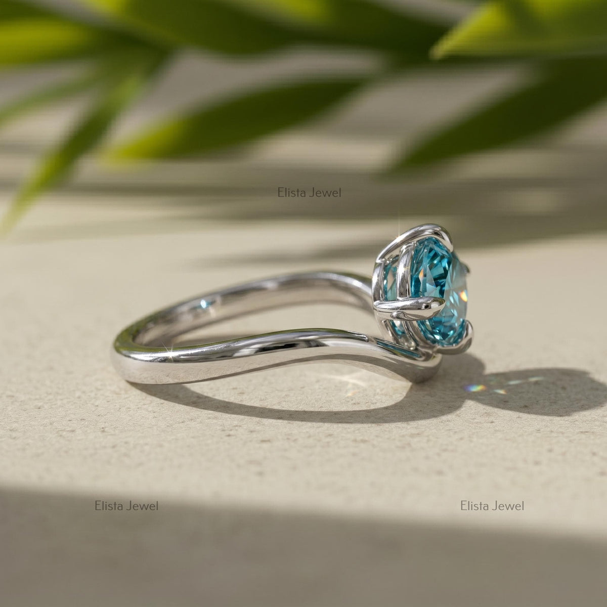 Fancy Vivid Blue Marquise Lab Grown Diamond Bypass Solitaire Ring in 14K White Gold, Modern Minimalist