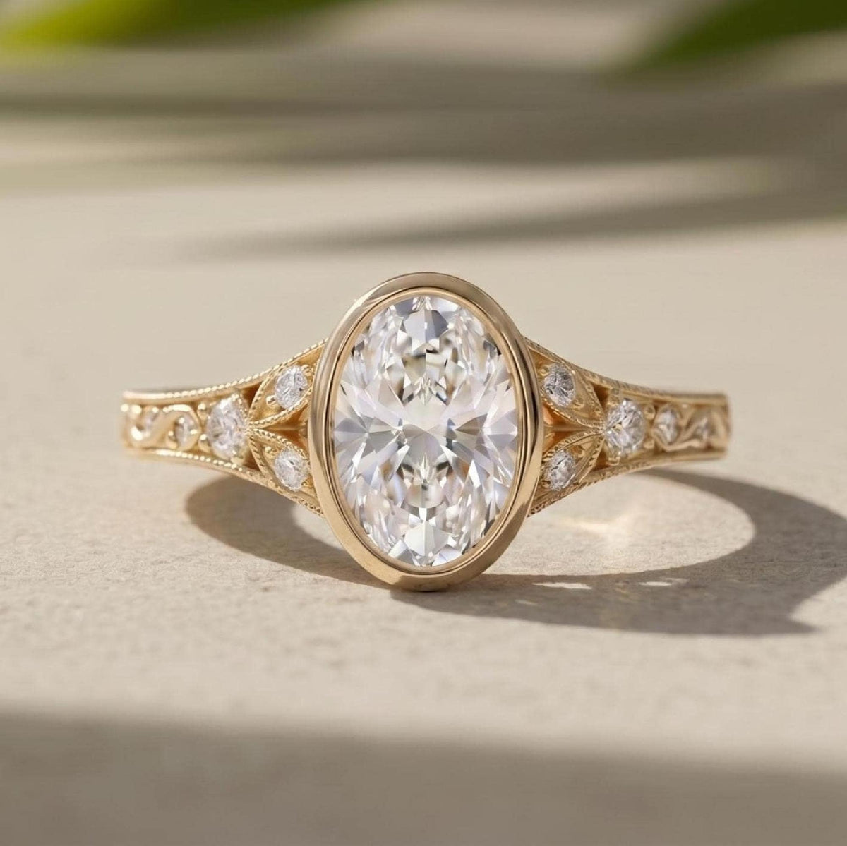 Oval Lab Grown Diamond Bezel Engagement Ring, 14K Yellow Gold Filigree Milgrain Band, IGI Certified Diamond