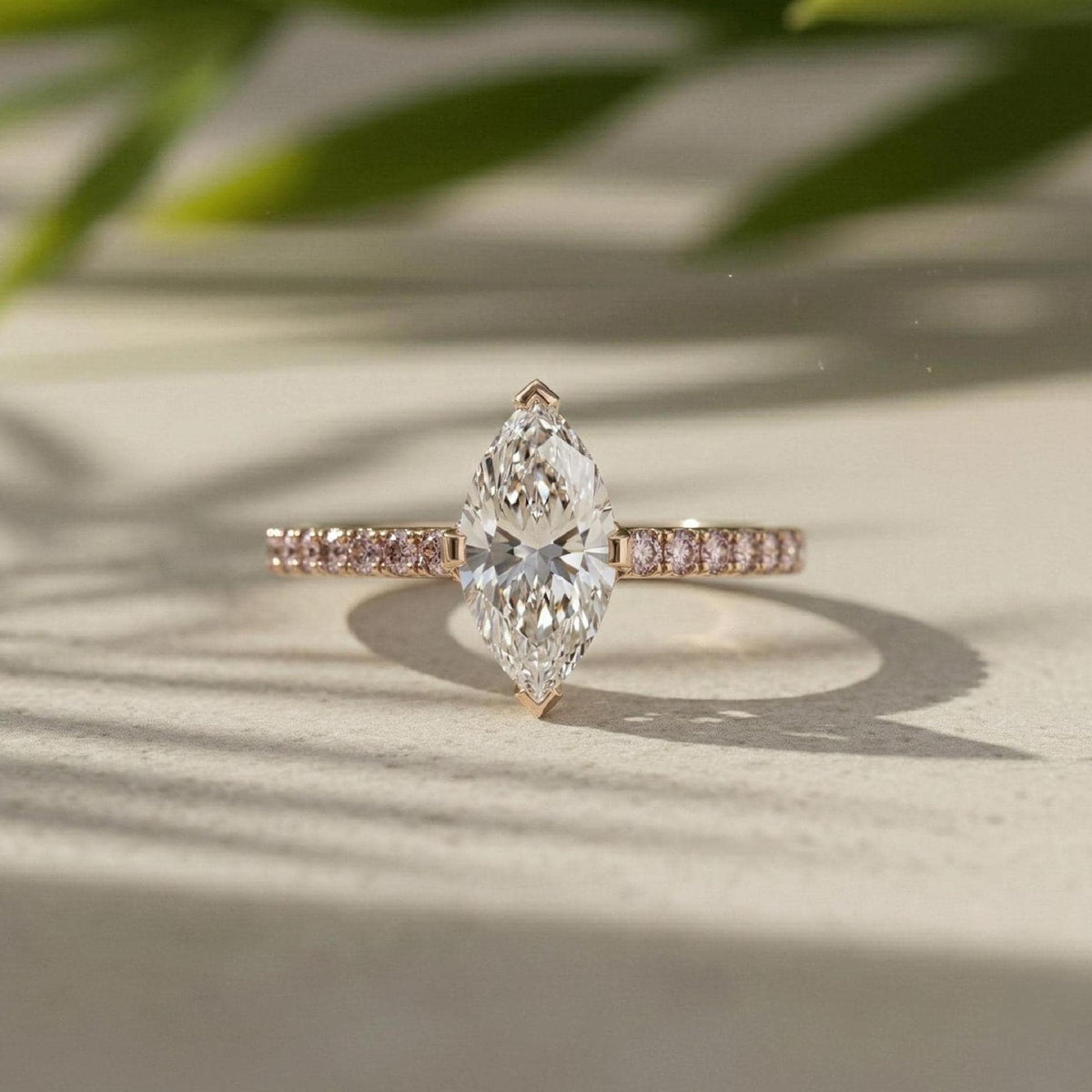 Marquise Lab Grown Diamond Engagement Ring, Rose Gold Pave Band, Minimalist Bridal Ring
