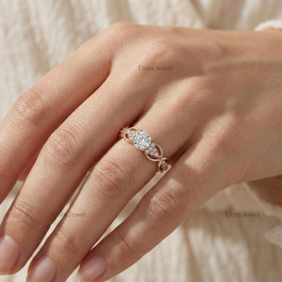 Infinity Ring Round Lab-Grown Diamond Rose Gold Engagement Accent Diamonds