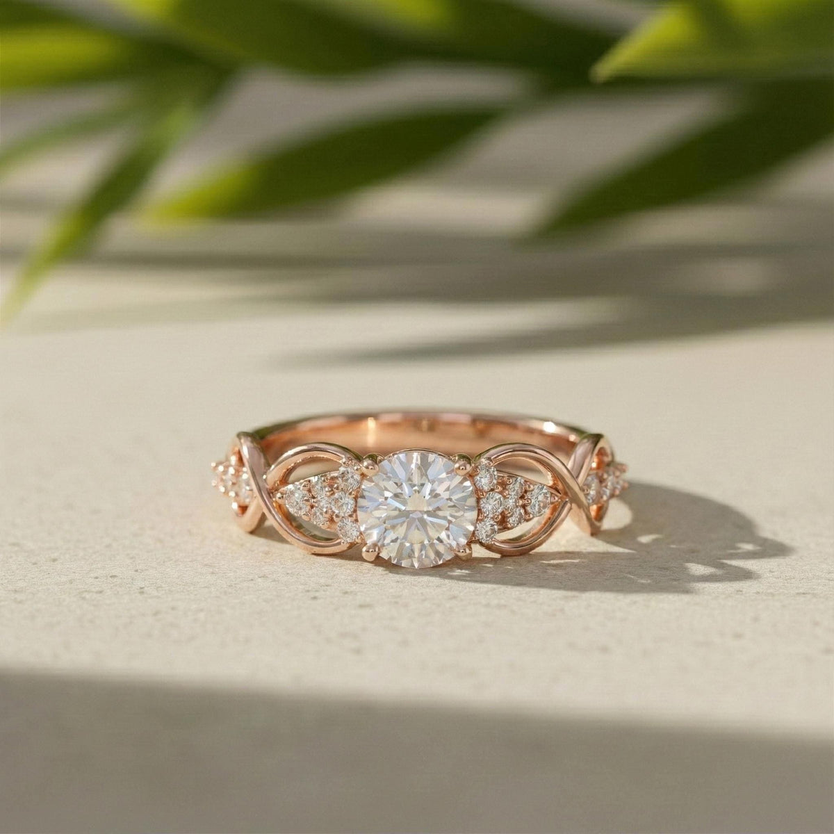 Infinity Ring Round Lab-Grown Diamond Rose Gold Engagement Accent Diamonds