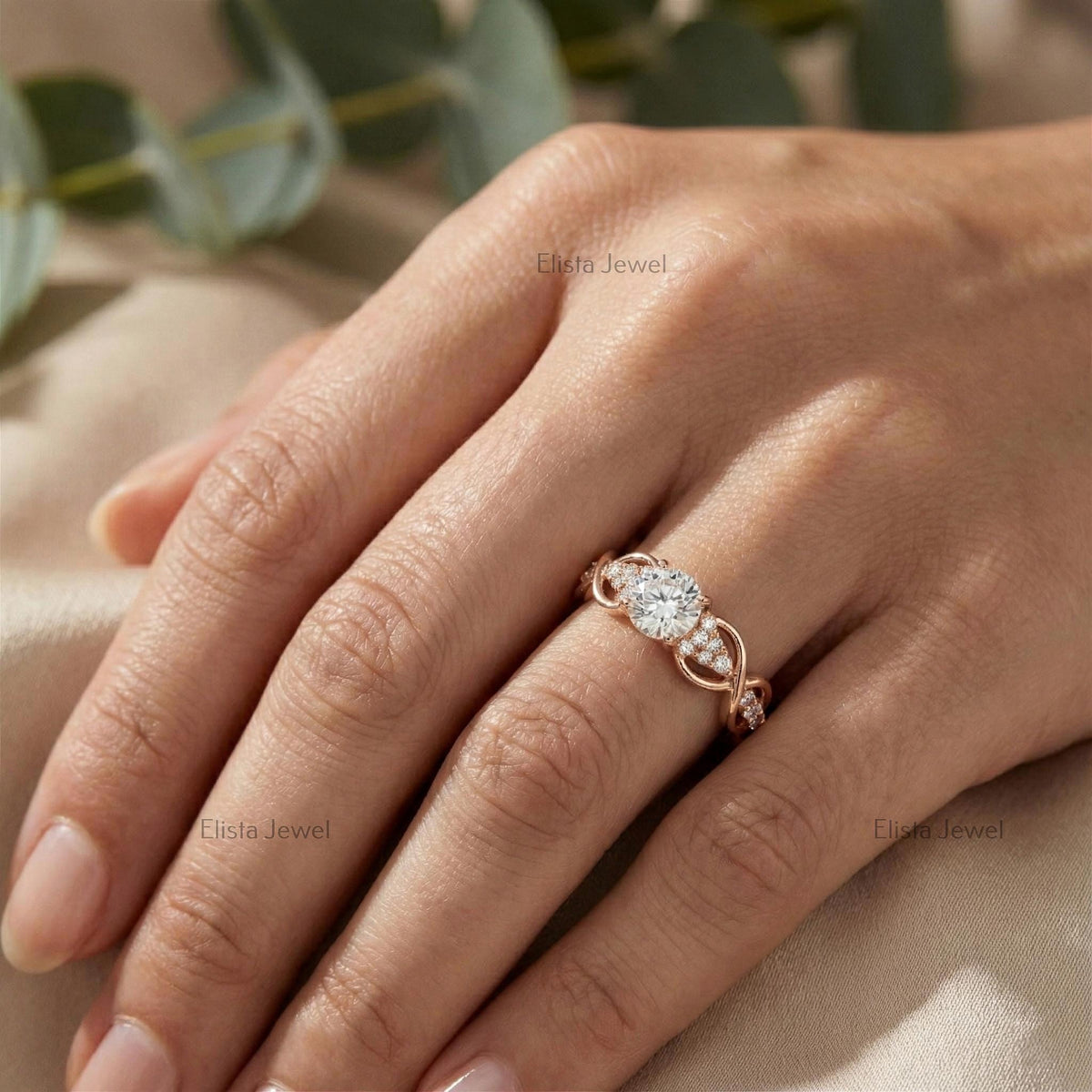Infinity Ring Round Lab-Grown Diamond Rose Gold Engagement Accent Diamonds