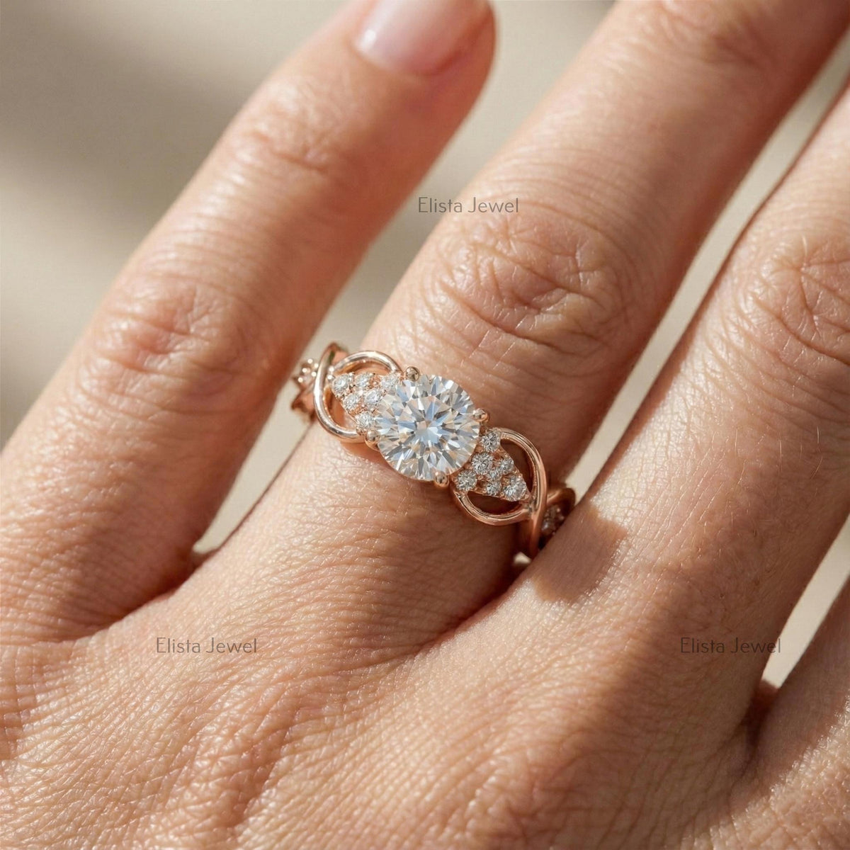 Infinity Ring Round Lab-Grown Diamond Rose Gold Engagement Accent Diamonds