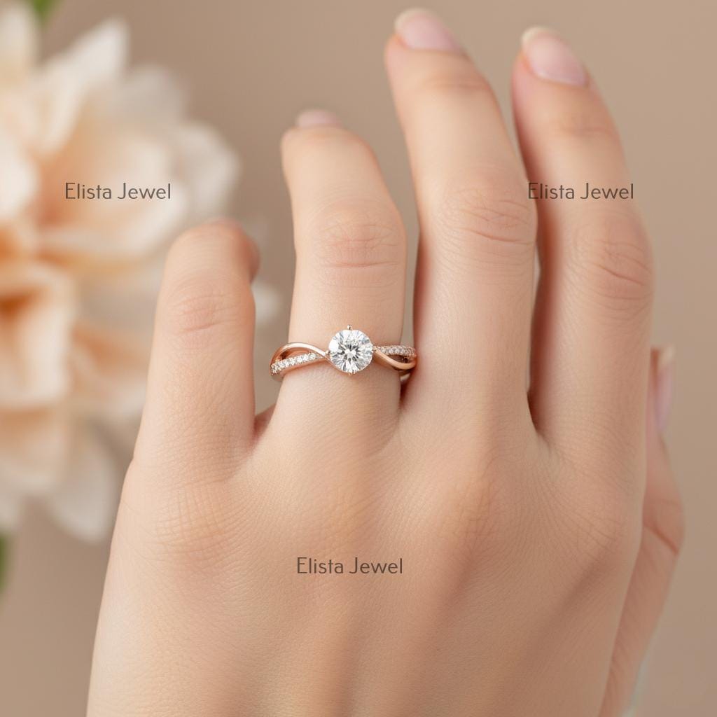 Lab-Grown Diamond Engagement Ring, Rose Gold Twisted Band, Pave Accents