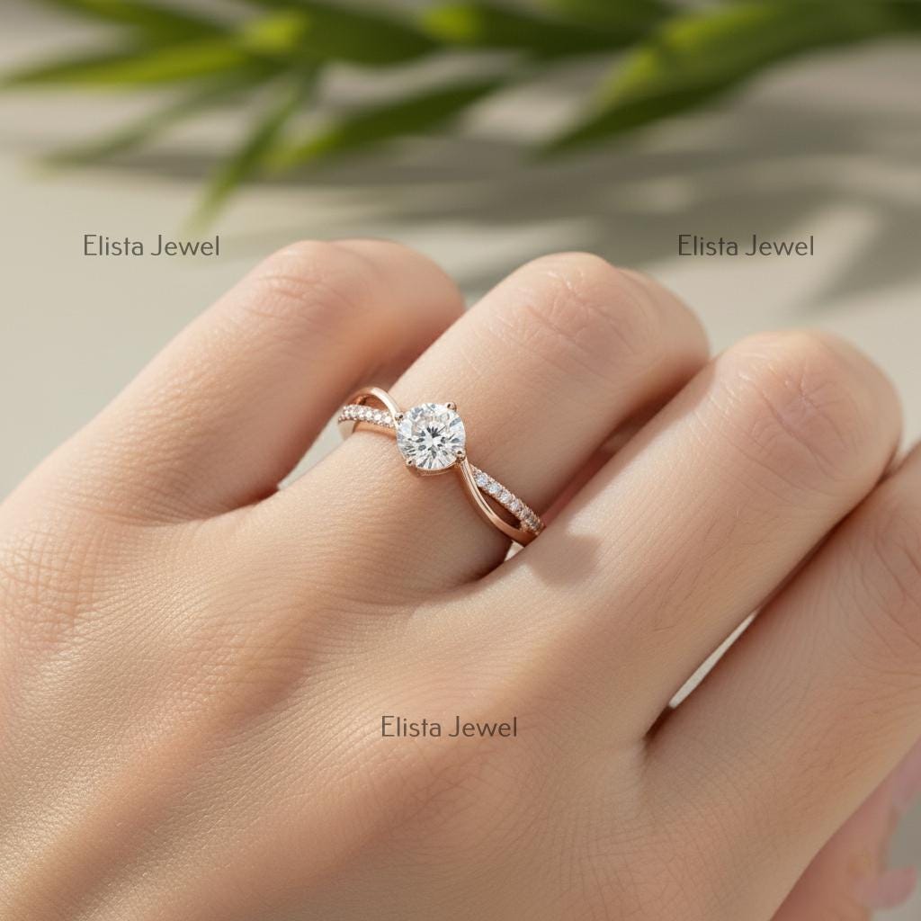 Lab-Grown Diamond Engagement Ring, Rose Gold Twisted Band, Pave Accents
