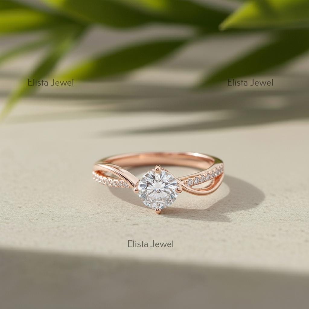 Lab-Grown Diamond Engagement Ring, Rose Gold Twisted Band, Pave Accents