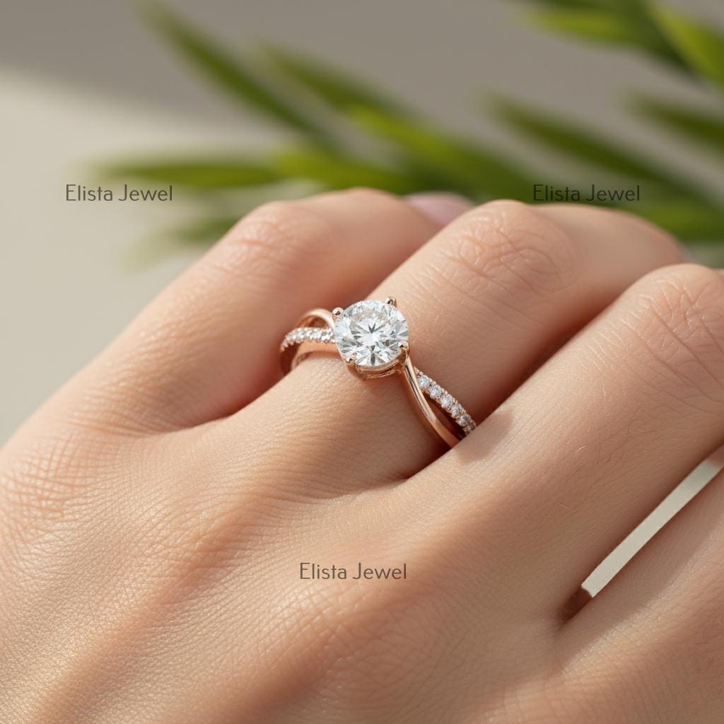 Lab-Grown Diamond Engagement Ring, Rose Gold Twisted Band, Pave Accents