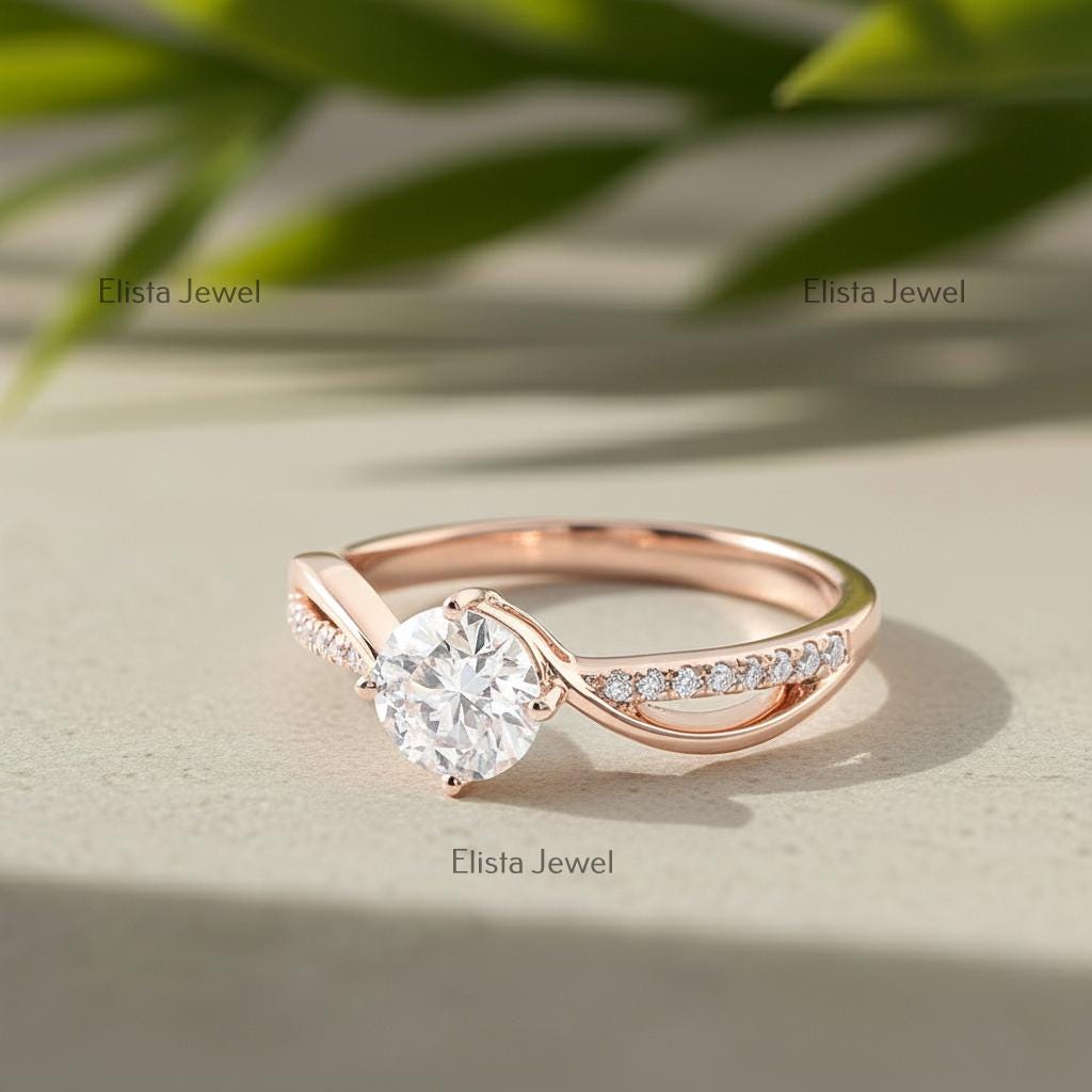 Lab-Grown Diamond Engagement Ring, Rose Gold Twisted Band, Pave Accents