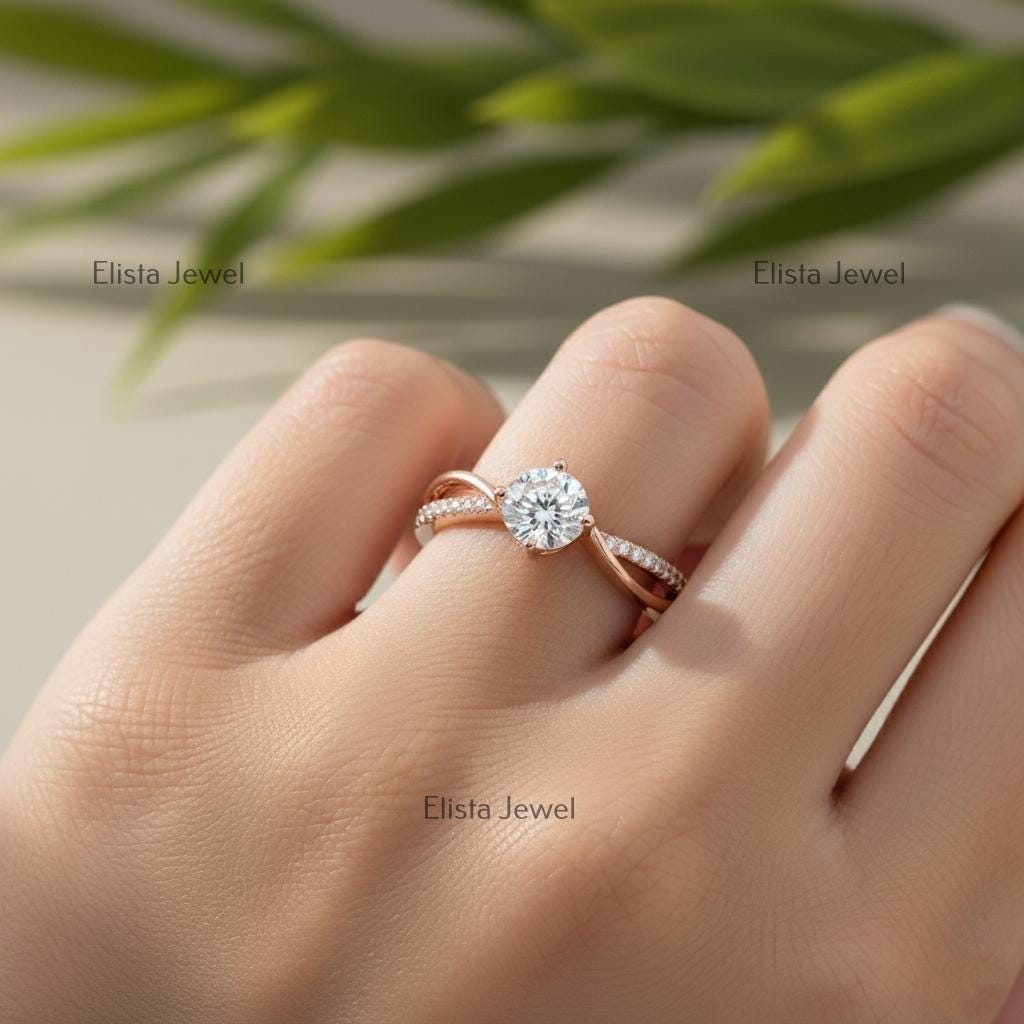 Lab-Grown Diamond Engagement Ring, Rose Gold Twisted Band, Pave Accents