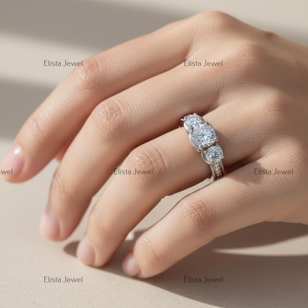 Lab Grown Diamond Trilogy Ring, 14K White Gold Engagement Ring