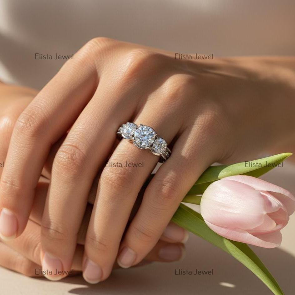 Lab Grown Diamond Trilogy Ring, 14K White Gold Engagement Ring