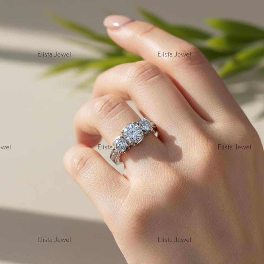 Lab Grown Diamond Trilogy Ring, 14K White Gold Engagement Ring