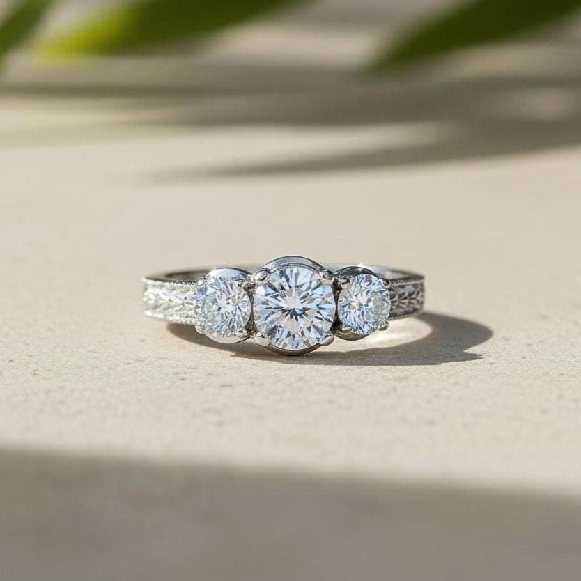 Lab Grown Diamond Trilogy Ring, 14K White Gold Engagement Ring