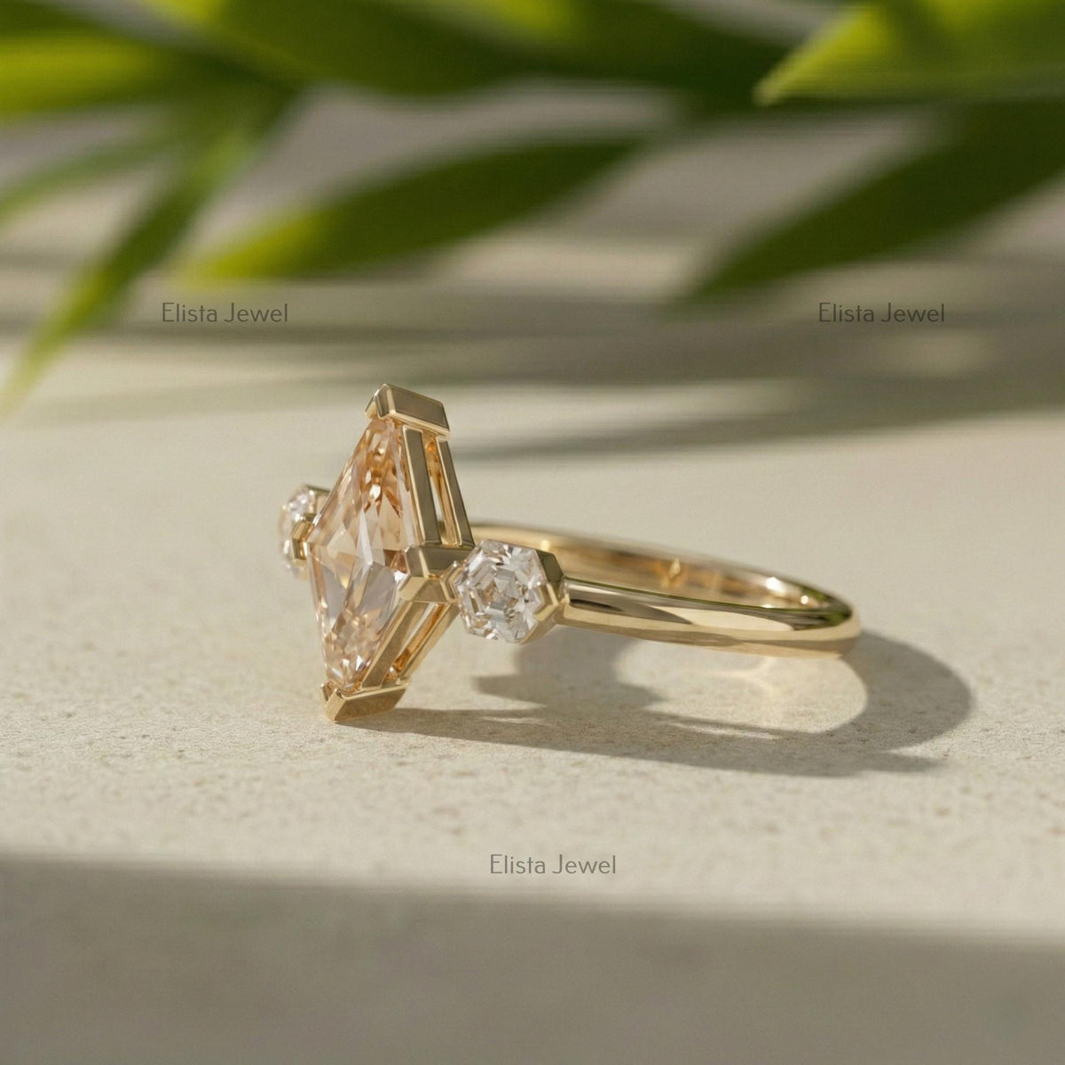 Lozenge Cut Lab Grown Diamond Ring, 14K Gold Three Stone Engagement Ring (IGI Certified)