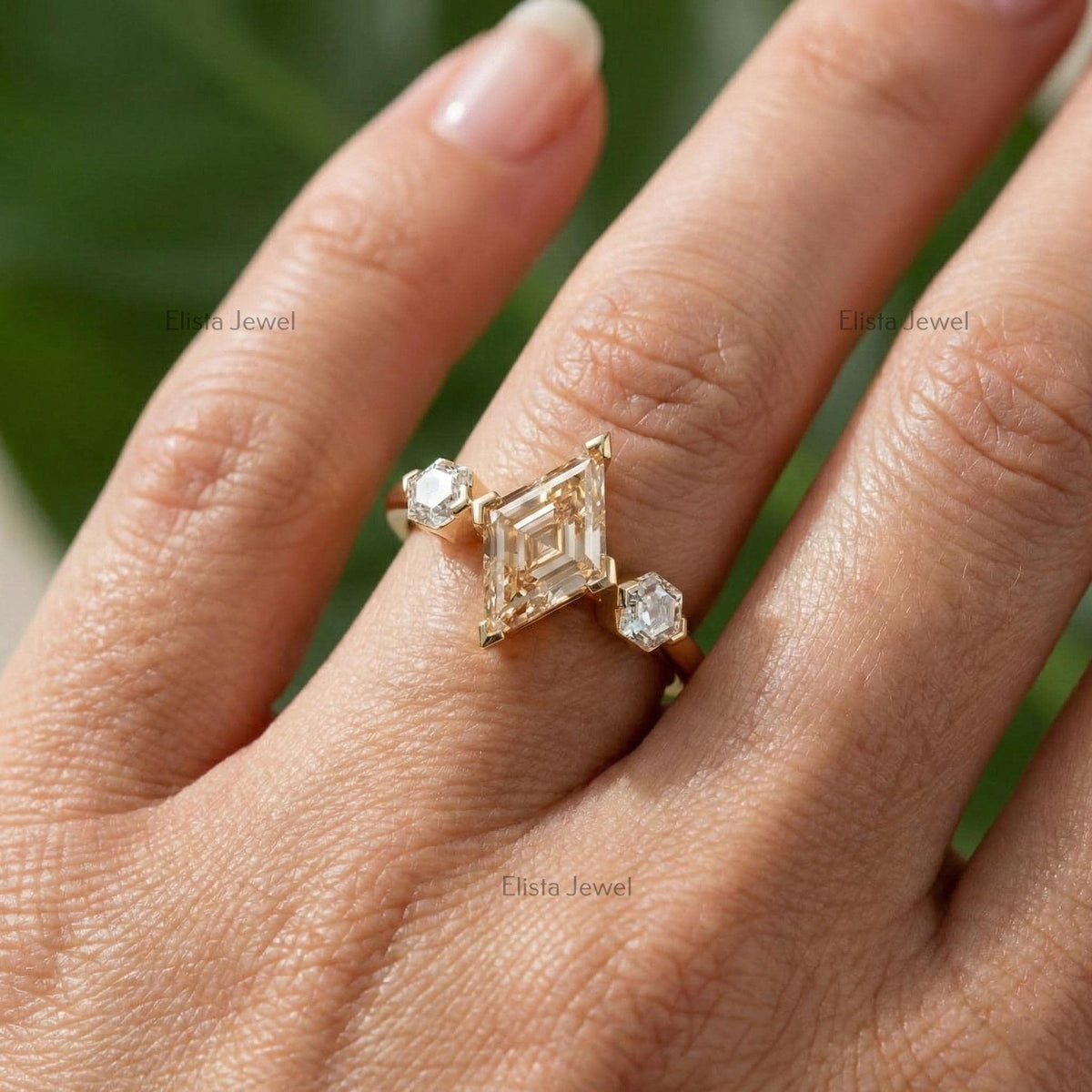 Lozenge Cut Lab Grown Diamond Ring, 14K Gold Three Stone Engagement Ring (IGI Certified)