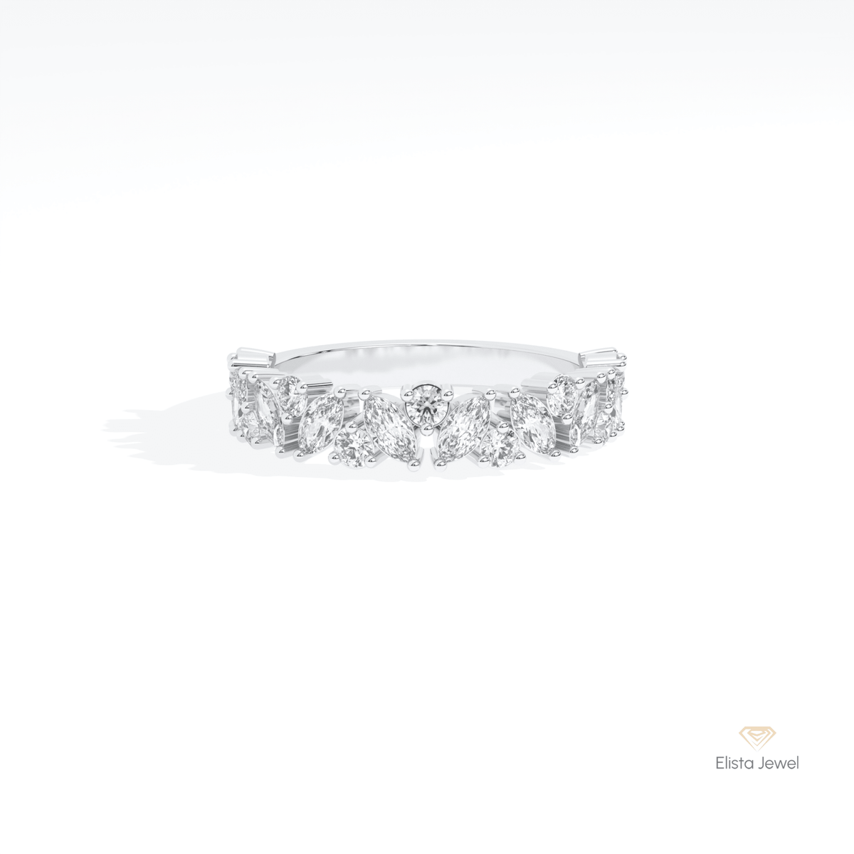 Marquise And Round Cut Staking Lab Grown Diamond Band in 10K White Gold - Front View