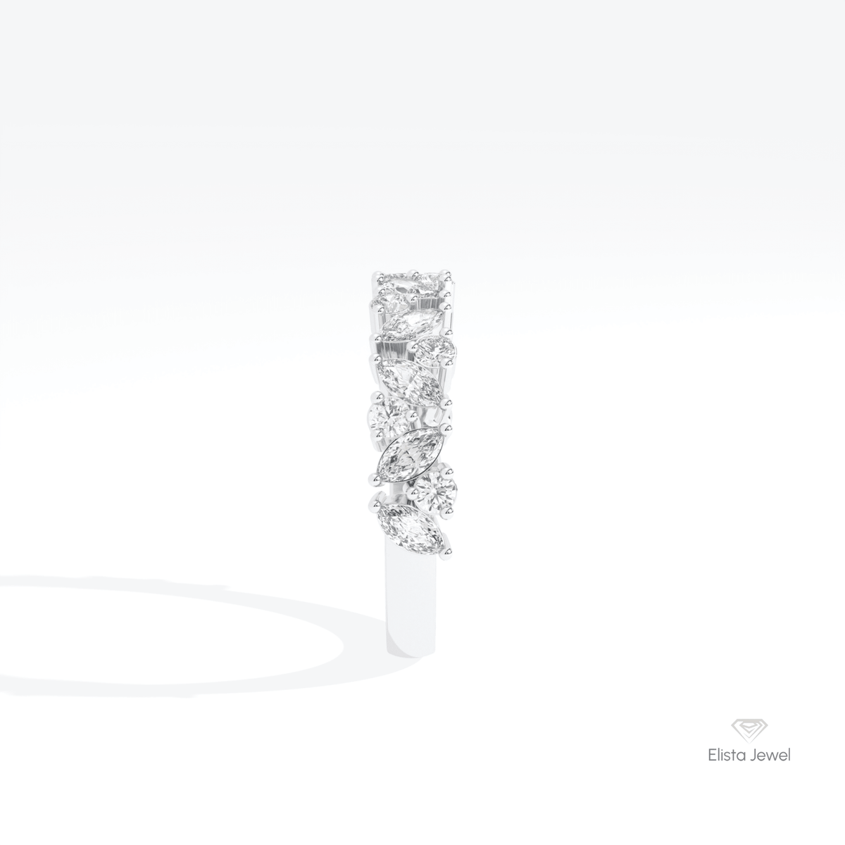 Marquise And Round Cut Staking Lab Grown Diamond Band in 14K White Gold - Top View