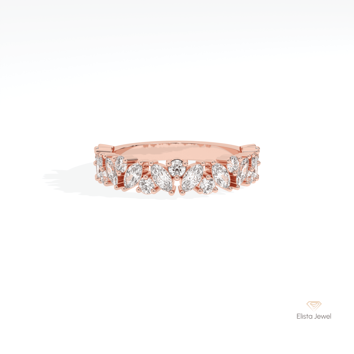 Marquise And Round Cut Staking Lab Grown Diamond Band in 18K Rose Gold - Ring on Hand View