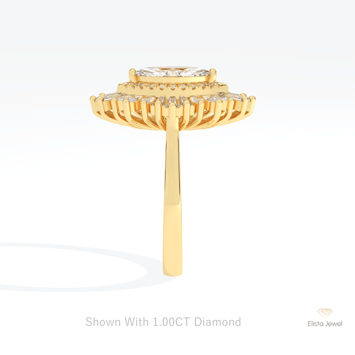 Marquise Cut Art Deco Engagement Lab Grown Diamond Ring in 18K Yellow Gold - Perspective View