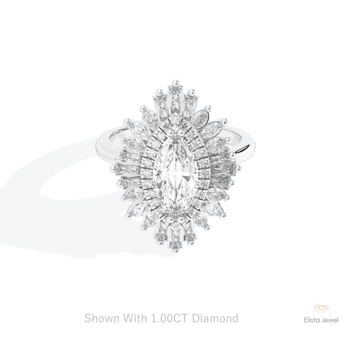Marquise Cut Art Deco Engagement Lab Grown Diamond Ring in 10K White Gold - Front View