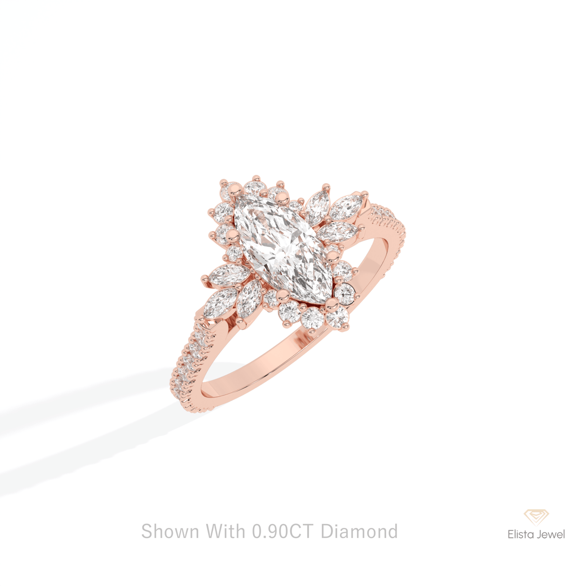 Marquise Cut Cluster Art Deco Lab Grown Diamond Ring in 10K Yellow Gold - Side View