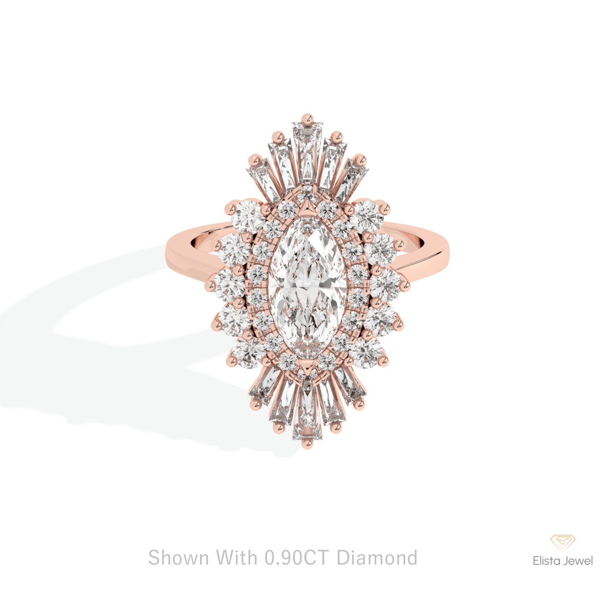 Marquise Cut Halo Starburst Lab Grown Diamond Ring in 18K Rose Gold - Ring on Hand View