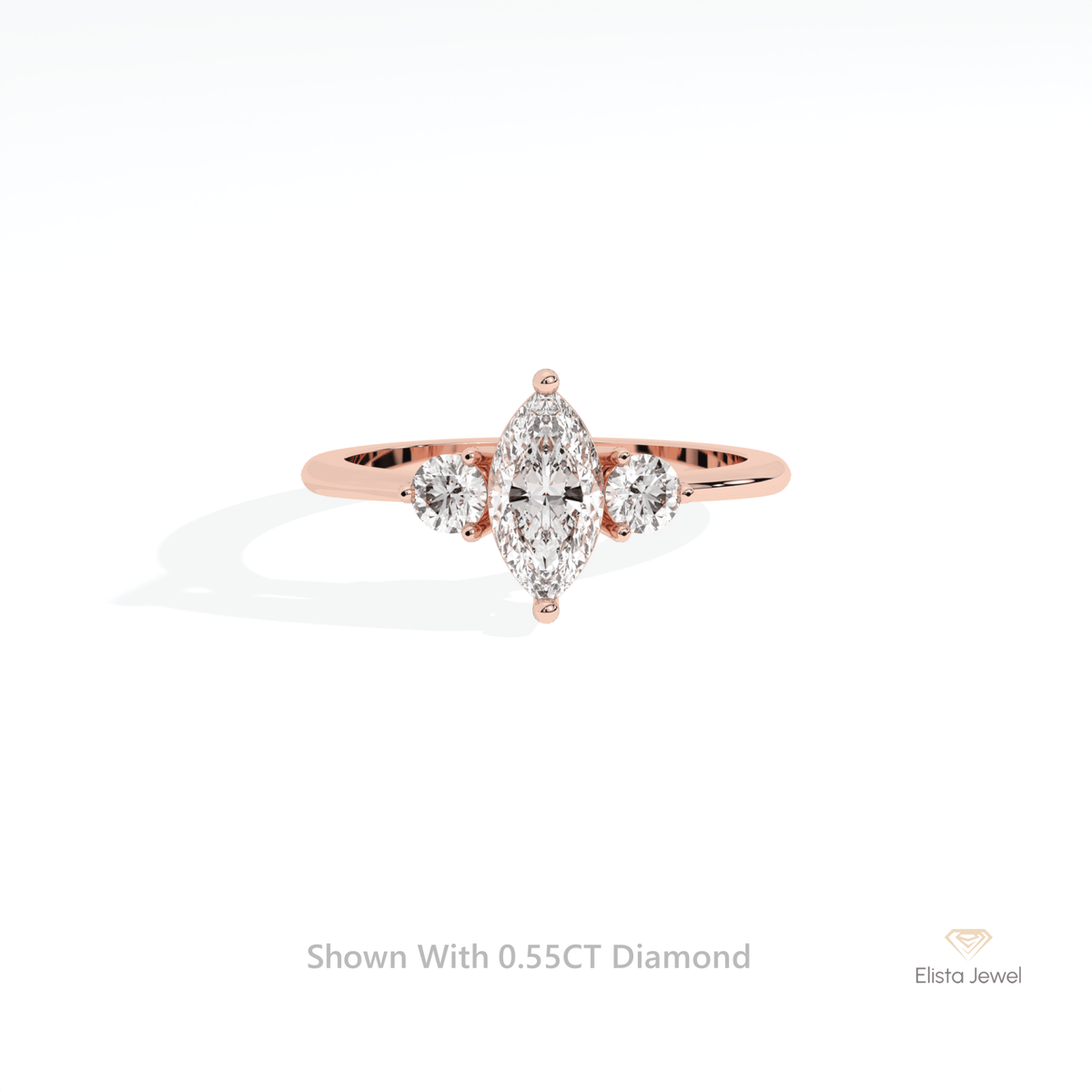 Marquise Cut Three Stone Wedding Lab Grown Diamond Ring in 18K Rose Gold - Ring on Hand View