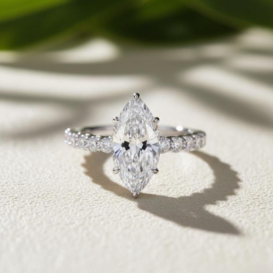 Marquise Lab-Grown Diamond Engagement Ring Pavé Eternity Band Made In 14K Solid White Gold