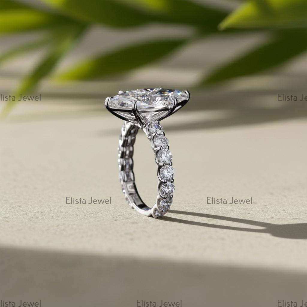 Marquise Lab-Grown Diamond Engagement Ring Pavé Eternity Band Made In 14K Solid White Gold