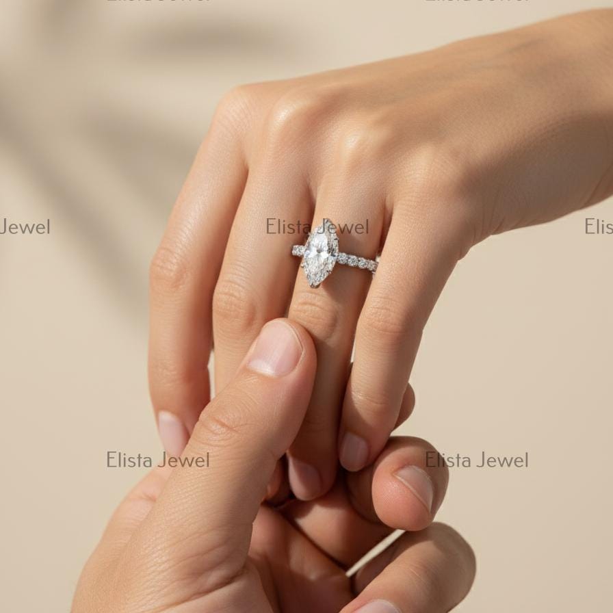 Marquise Lab-Grown Diamond Engagement Ring Pavé Eternity Band Made In 14K Solid White Gold
