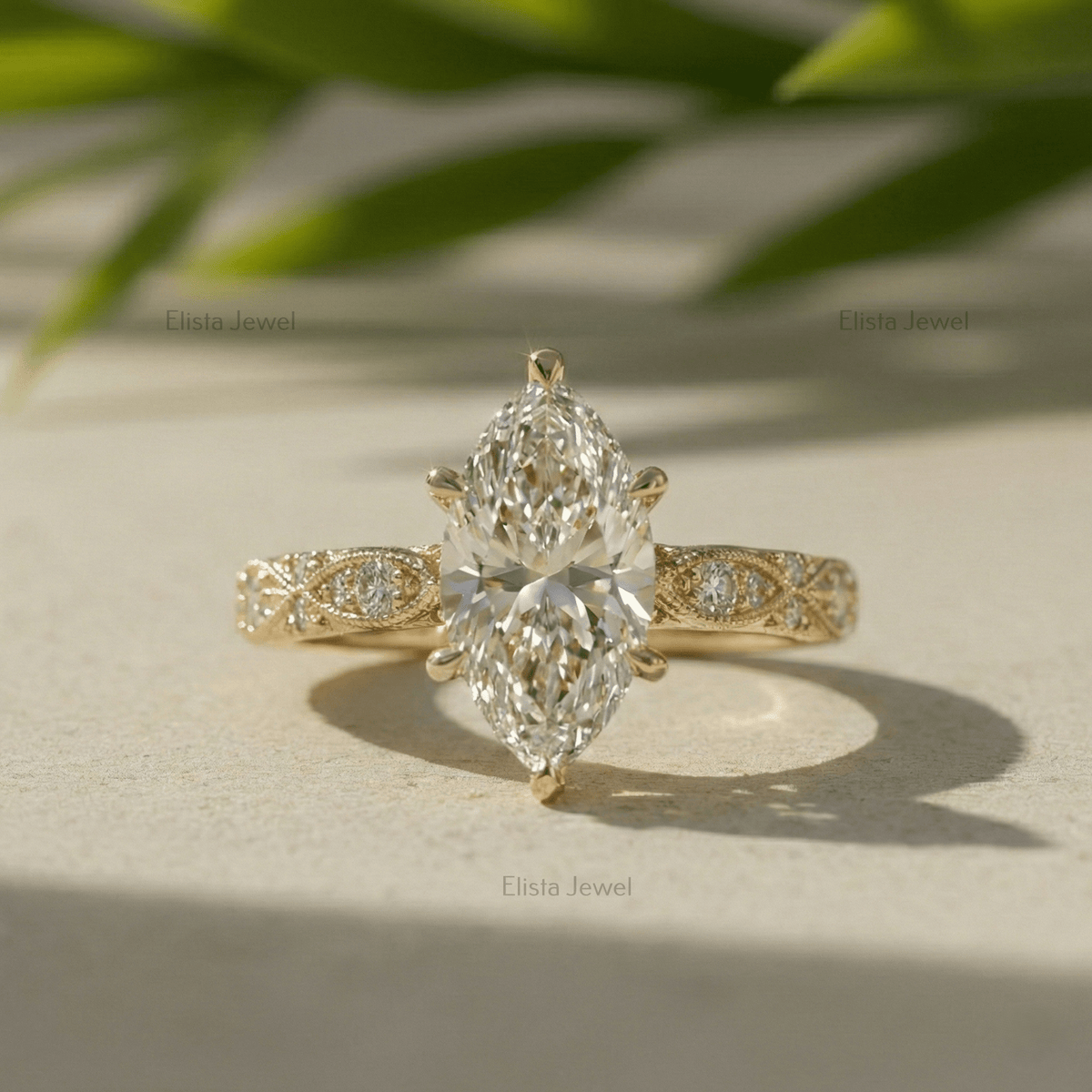 Marquise Lab Grown Diamond 14K Solid Yellow Gold Vintage Engagement Ring