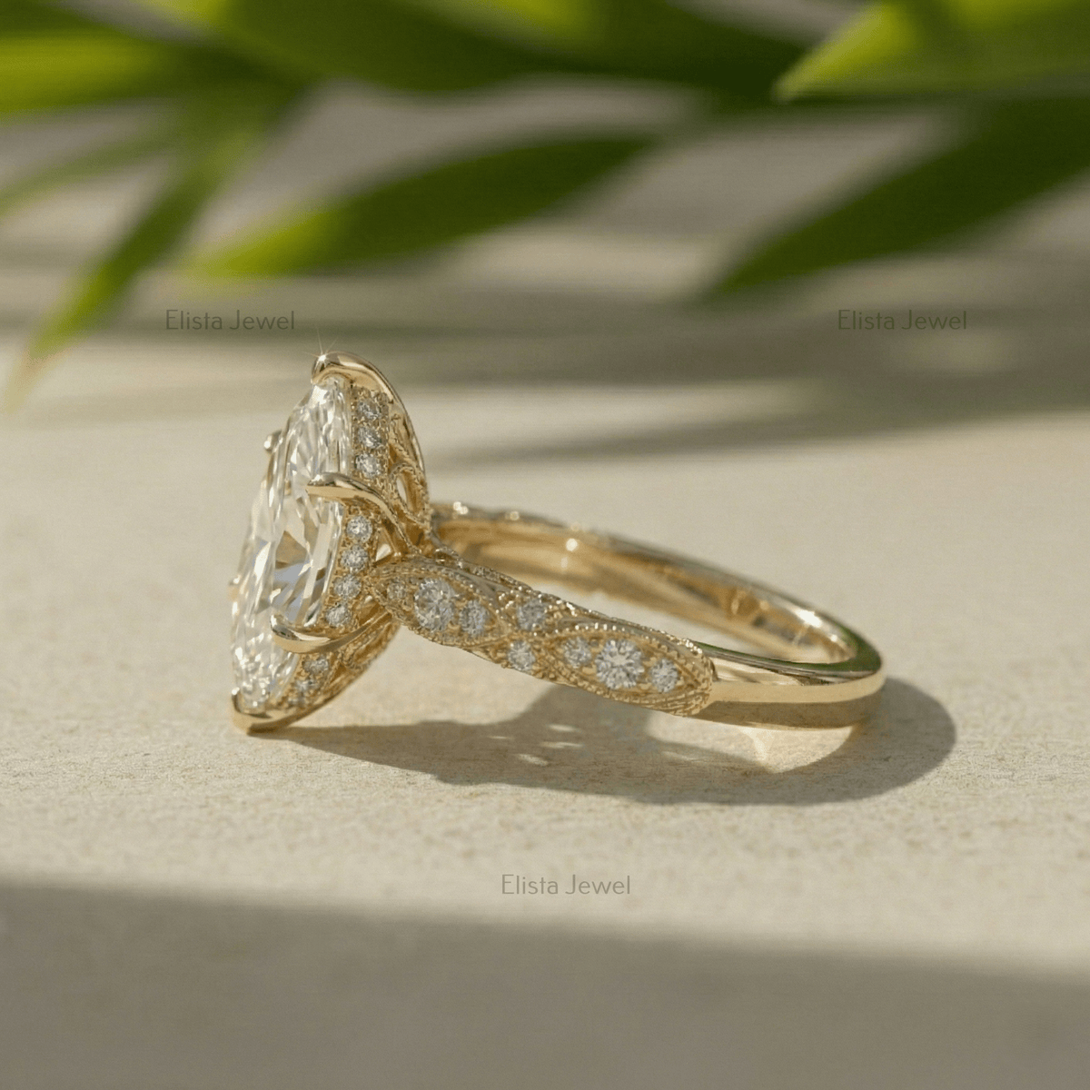 Marquise Lab Grown Diamond 14K Solid Yellow Gold Vintage Engagement Ring