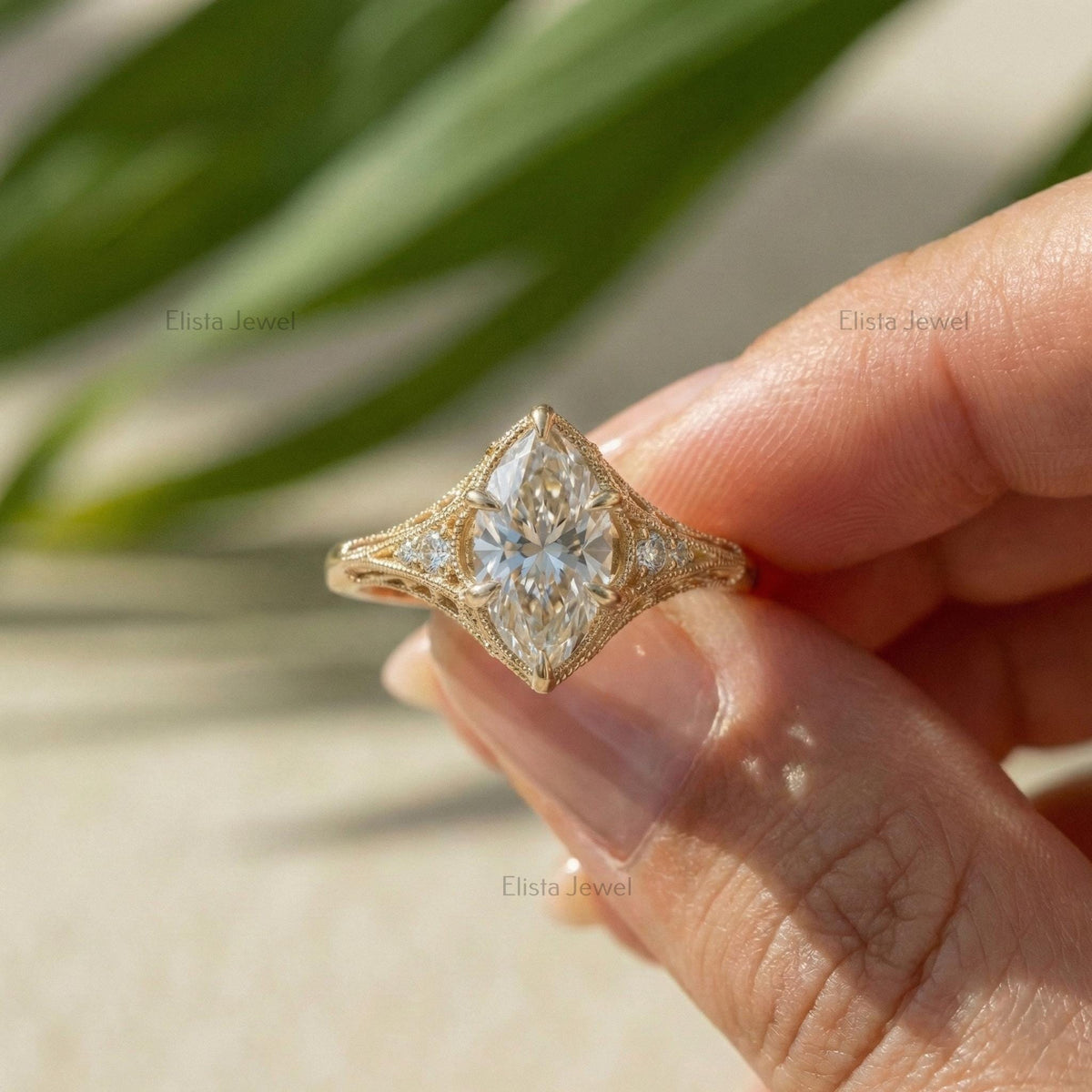 Marquise Lab Grown Diamond 18K Solid Yellow Gold Filigree Engagement Ring