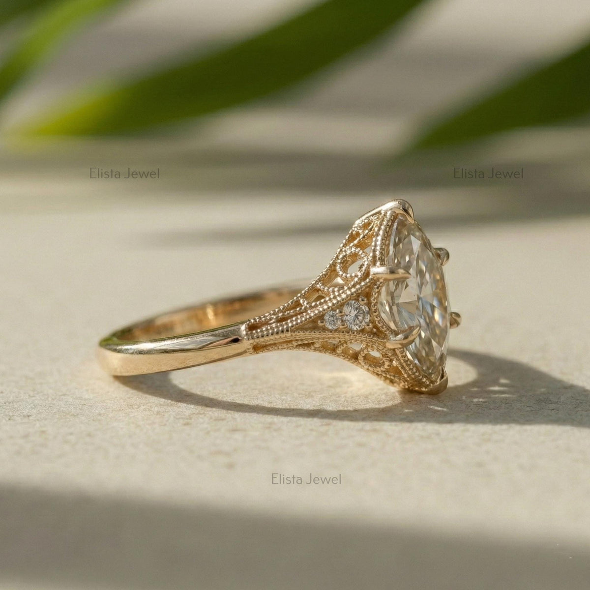 Marquise Lab Grown Diamond 18K Solid Yellow Gold Filigree Engagement Ring