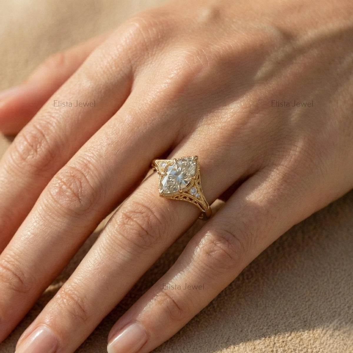 Marquise Lab Grown Diamond 18K Solid Yellow Gold Filigree Engagement Ring