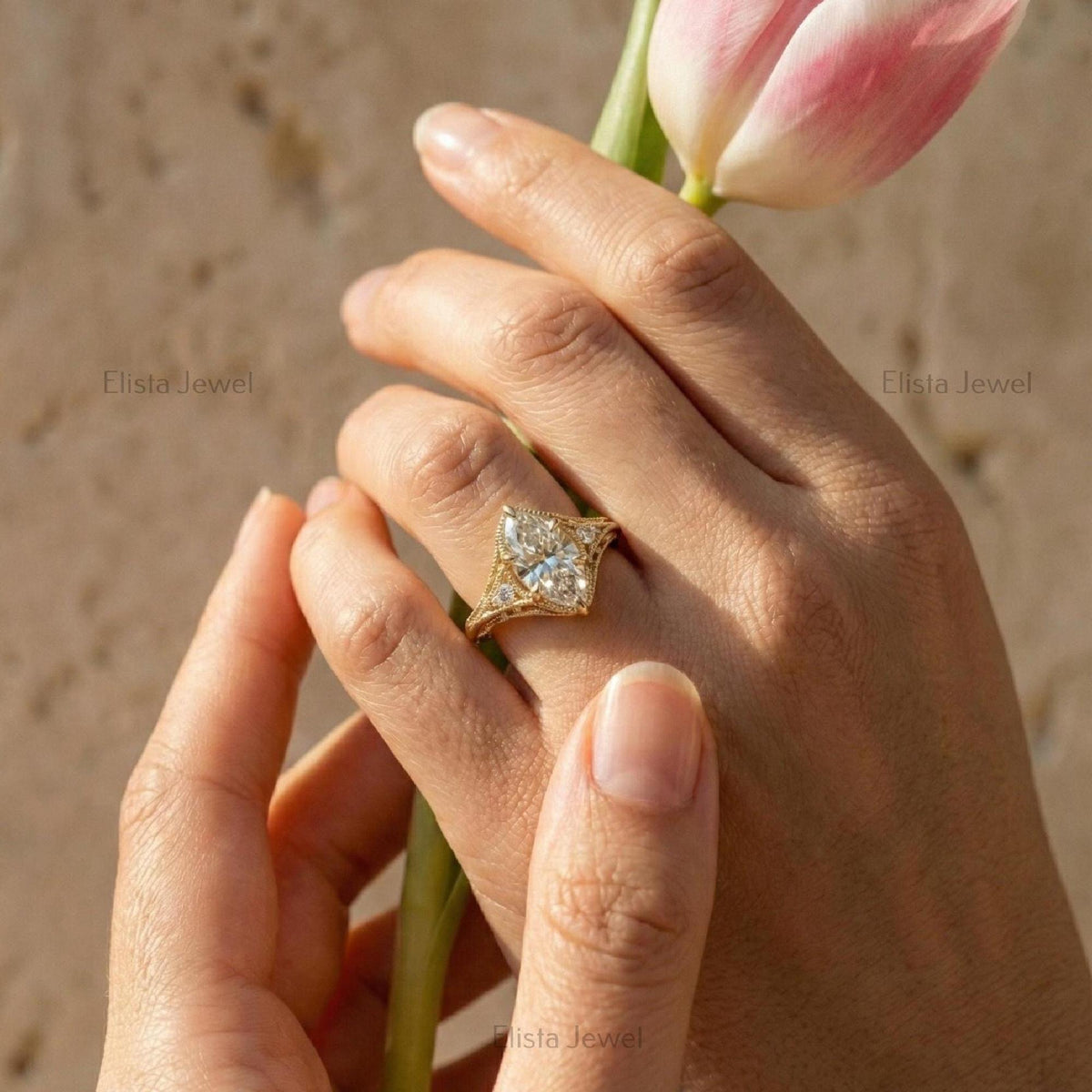 Marquise Lab Grown Diamond 18K Solid Yellow Gold Filigree Engagement Ring