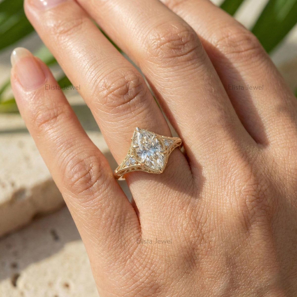 Marquise Lab Grown Diamond 18K Solid Yellow Gold Filigree Engagement Ring