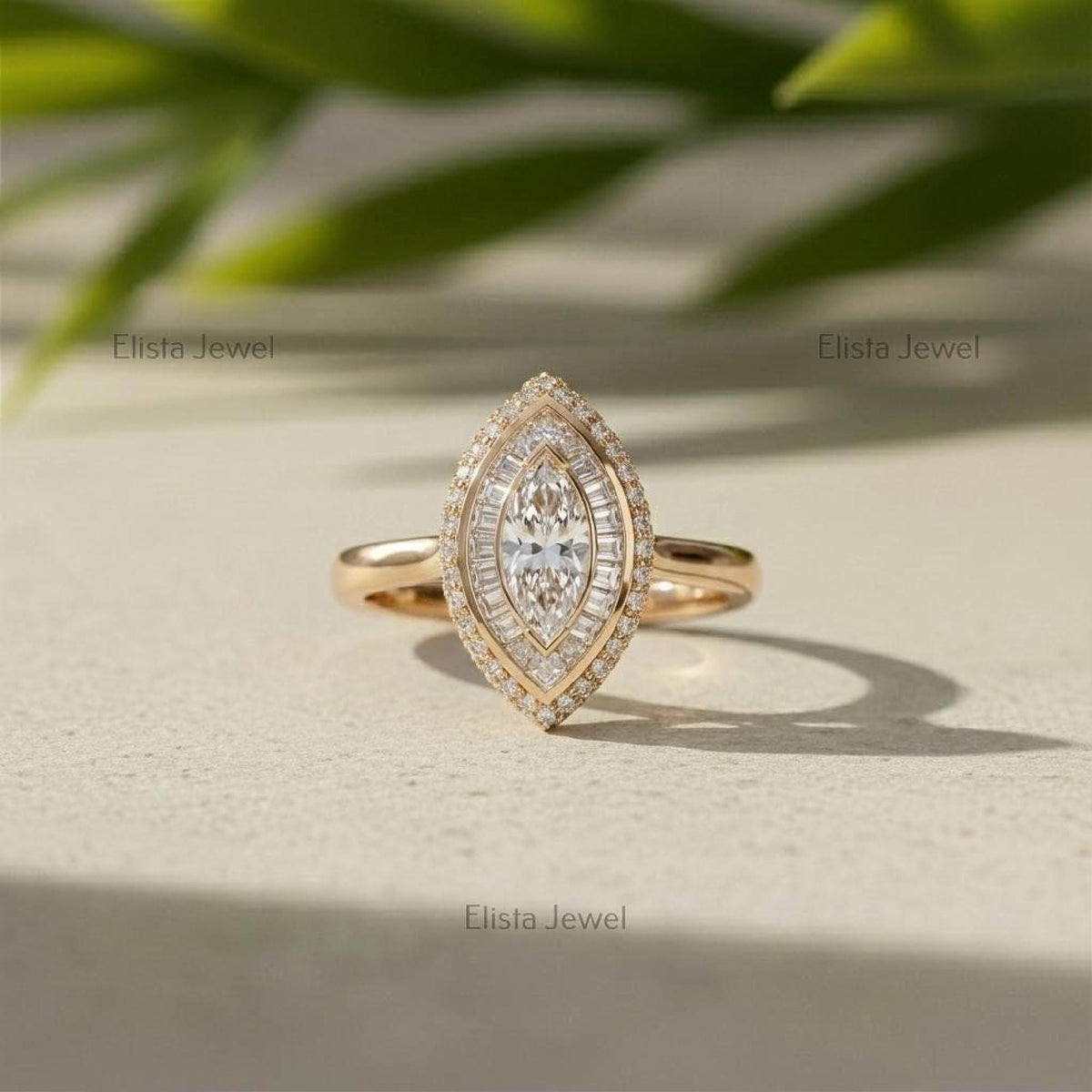 Marquise Lab-Grown Diamond Double Halo Ring, 10K Yellow Gold Art Deco Cocktail Statement